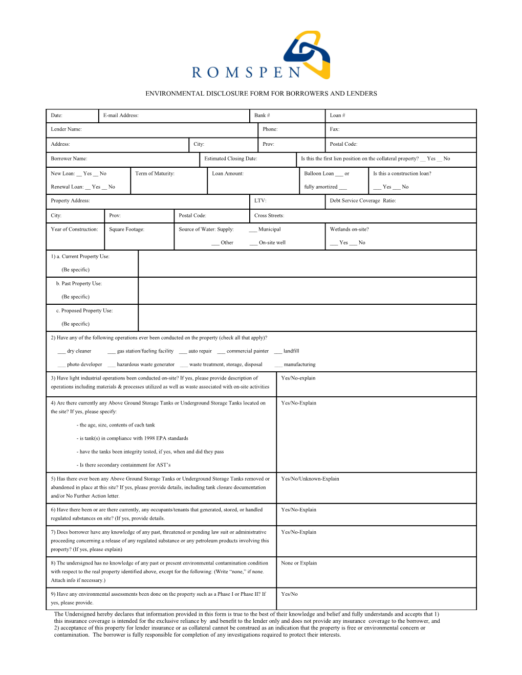 Environmental DISCLOSURE FORM for BORROWERS and LENDERS