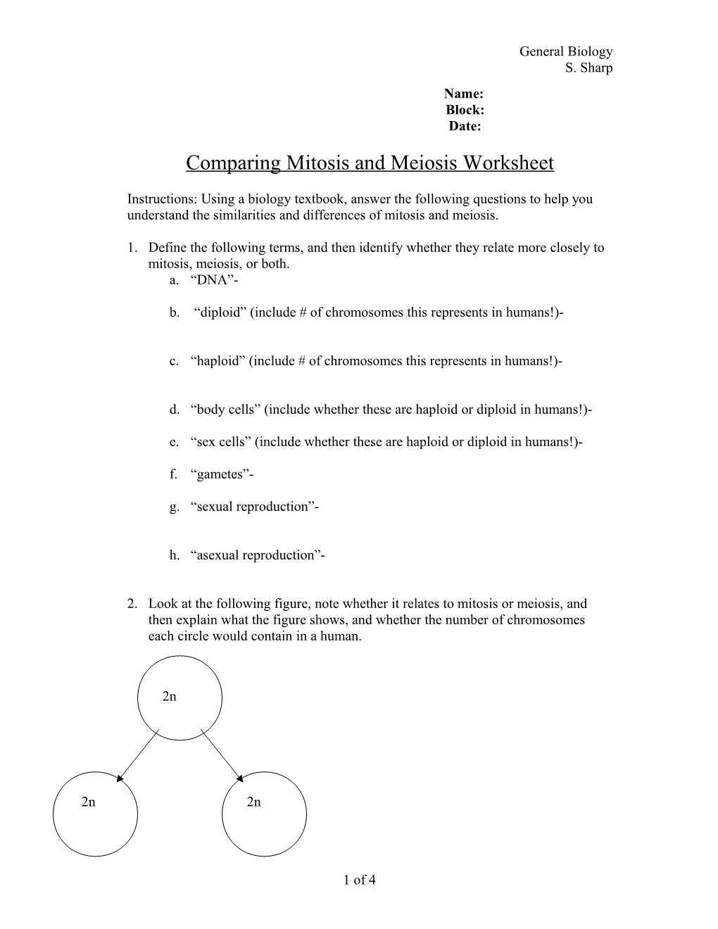 Comparing Mitosis and Meiosisworksheet