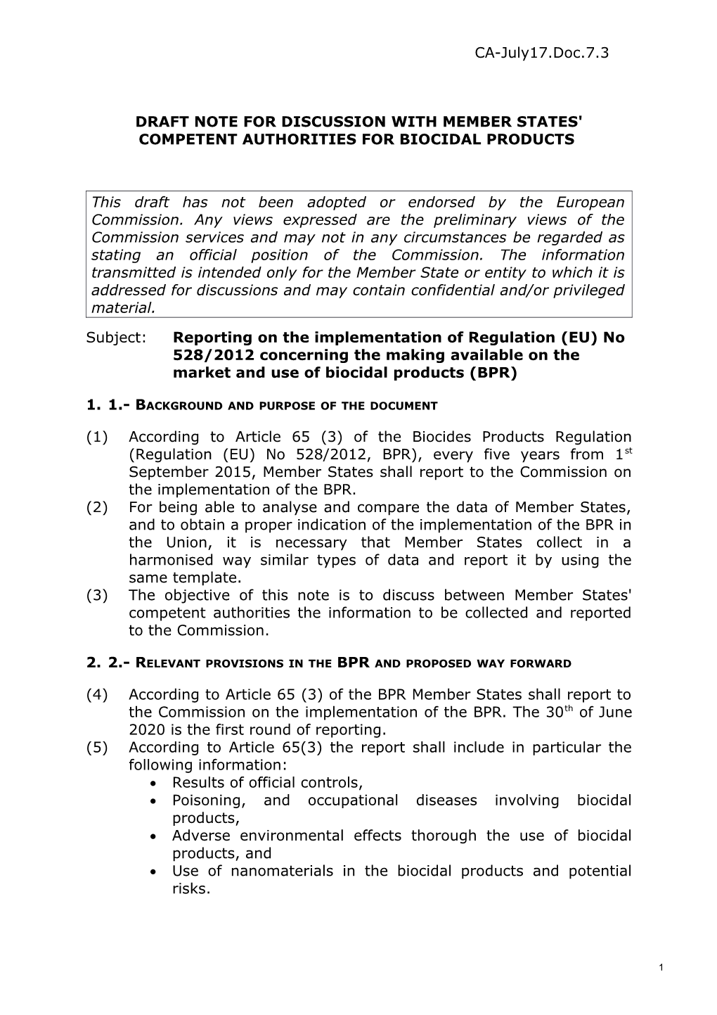 Draft Note for Discussion with Member States' Competent Authorities for Biocidal Products