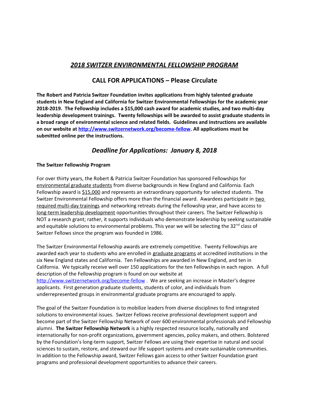 2018 Switzer Environmental Fellowship Program