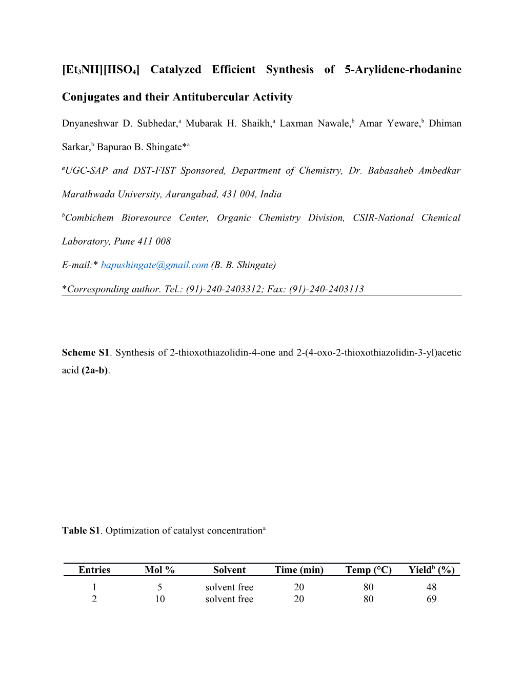 Et3nh HSO4 Catalyzed Efficient Synthesis of 5-Arylidene-Rhodanine Conjugates and Their