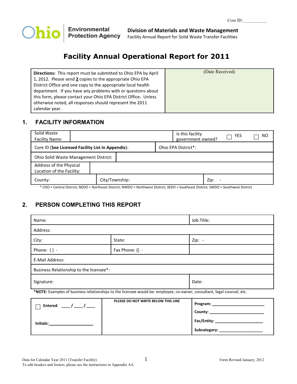 Facility Annual Operational Report for 2011