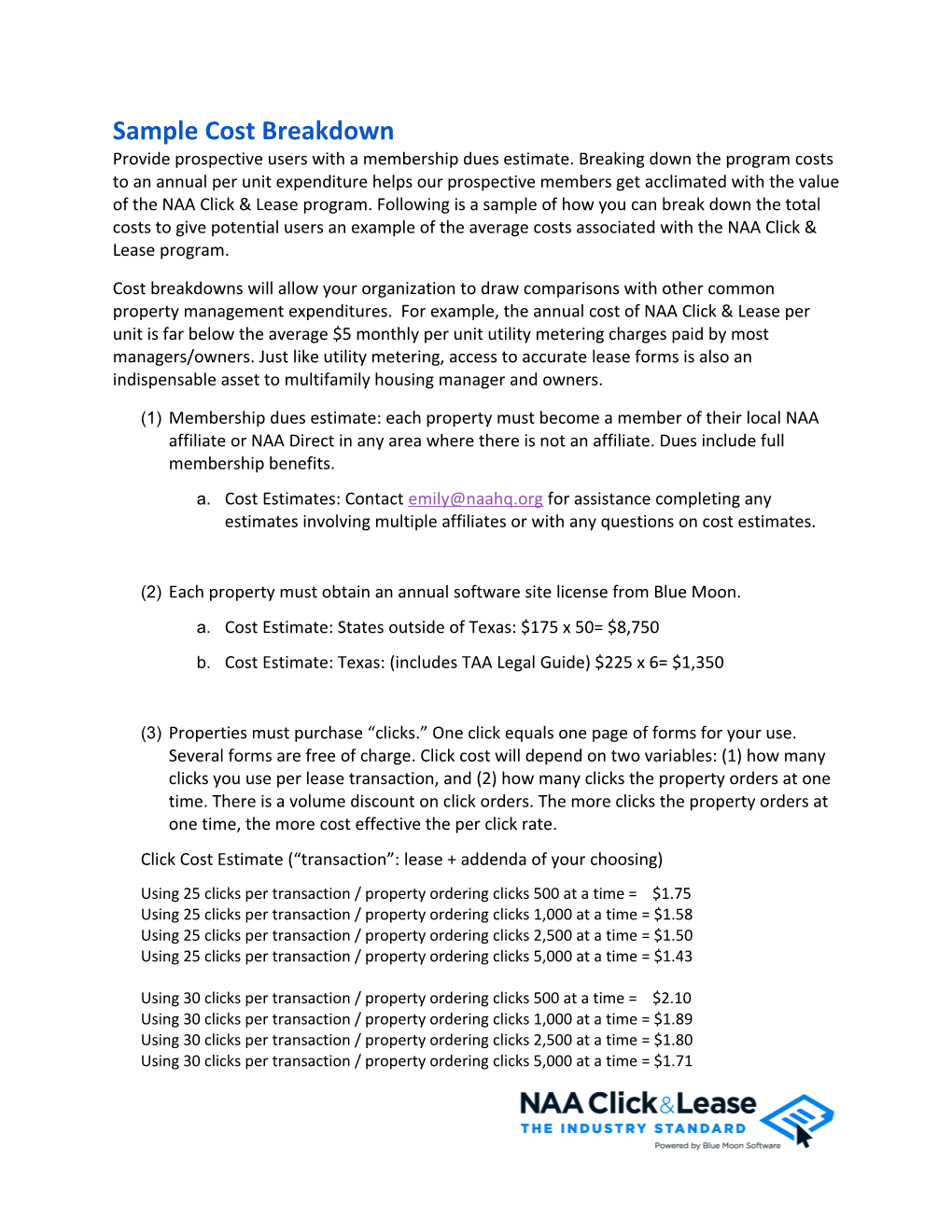 Sample Cost Breakdown