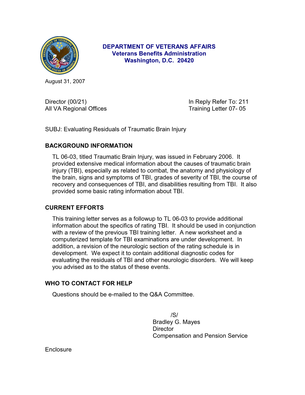 All VA Regional Officestraining Letter 07- 05