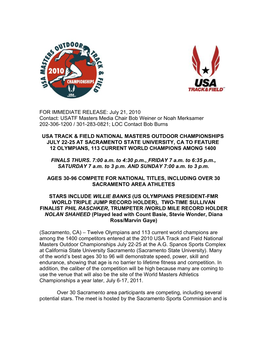 National Masters 2010 Outdoor Press Release