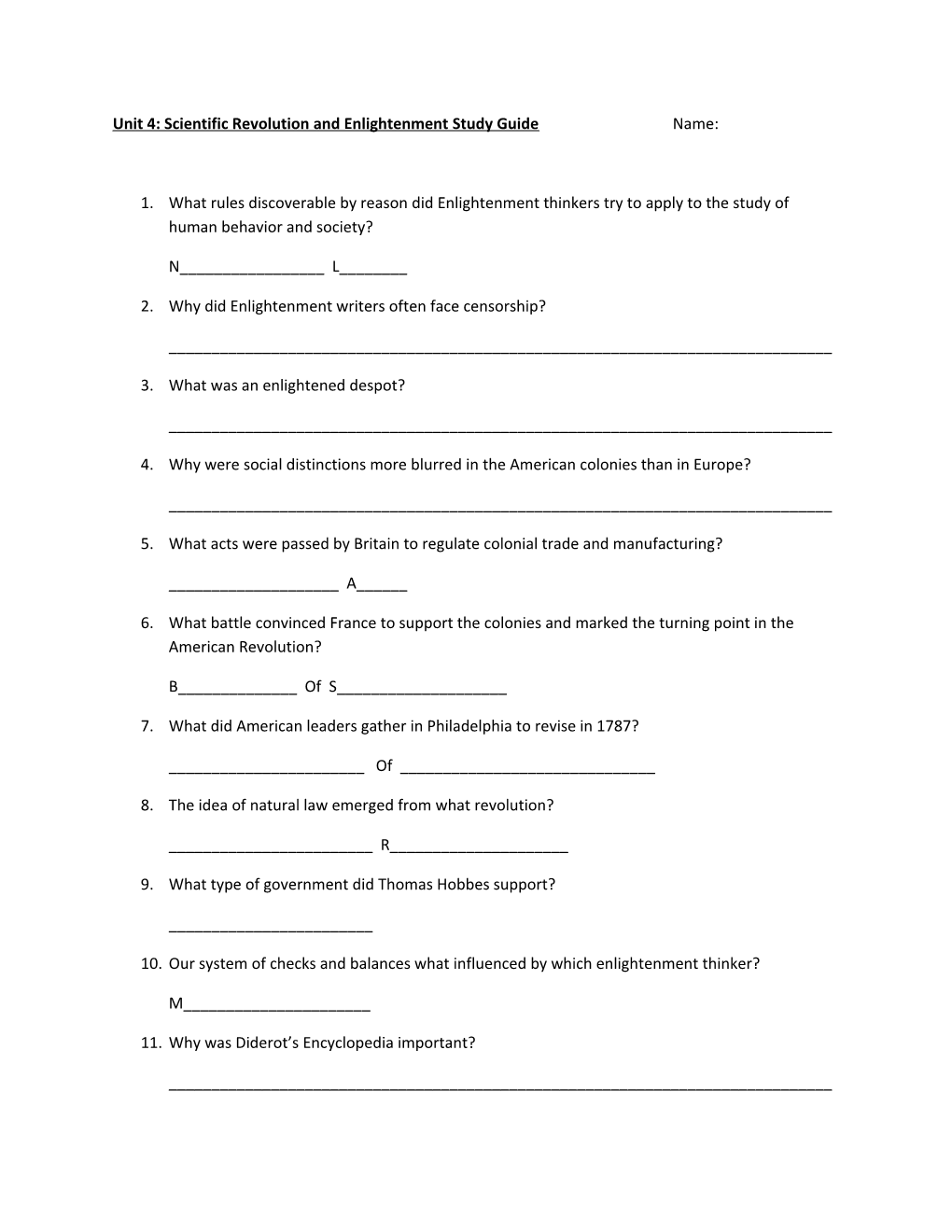 Unit 4: Scientific Revolution and Enlightenment Study Guide Name