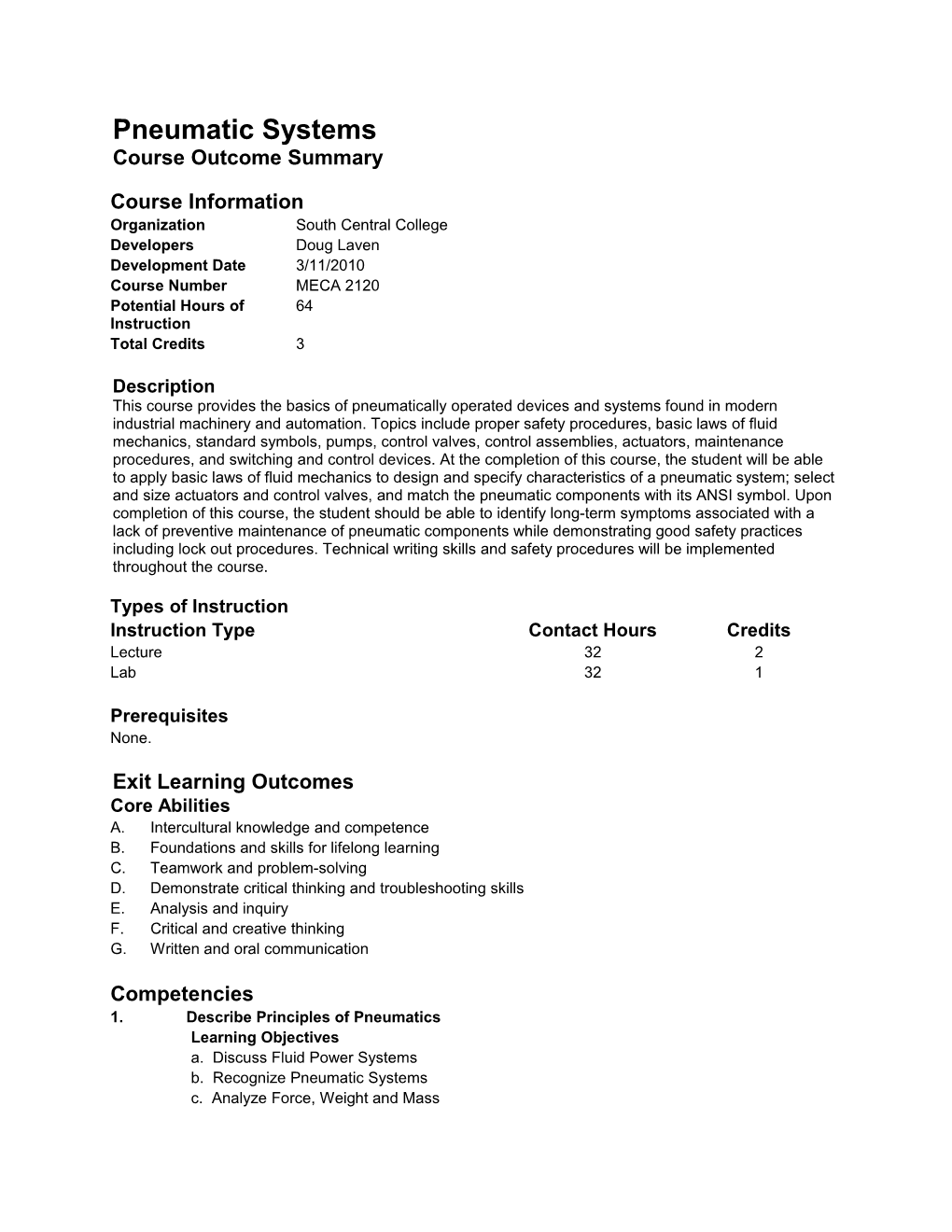 Pneumatic Systems Course Outcome Summary