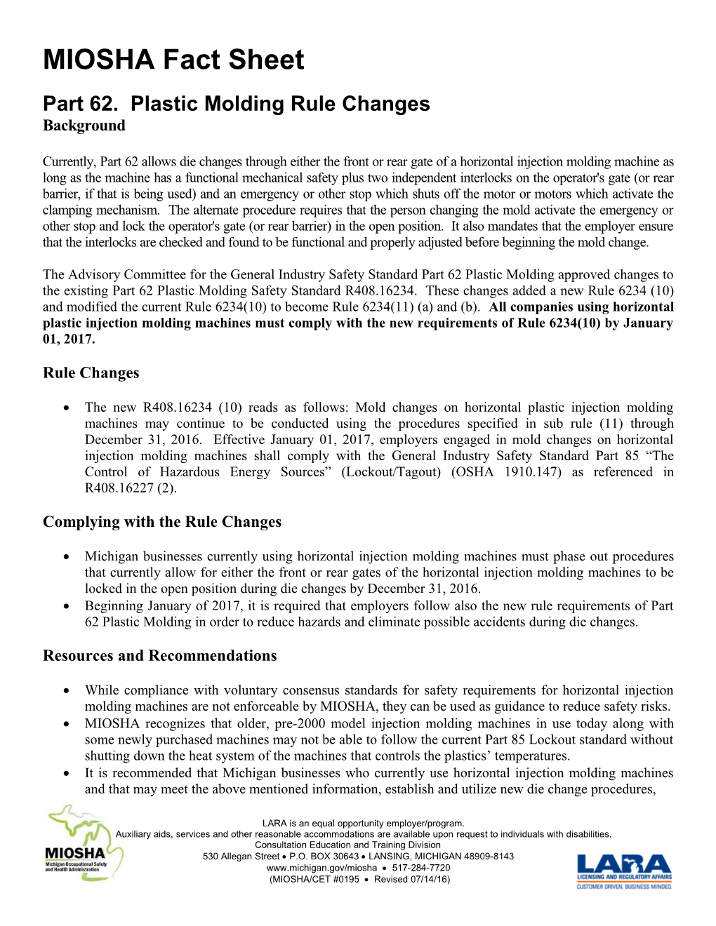 Part 62. Plastic Molding Rule Changes