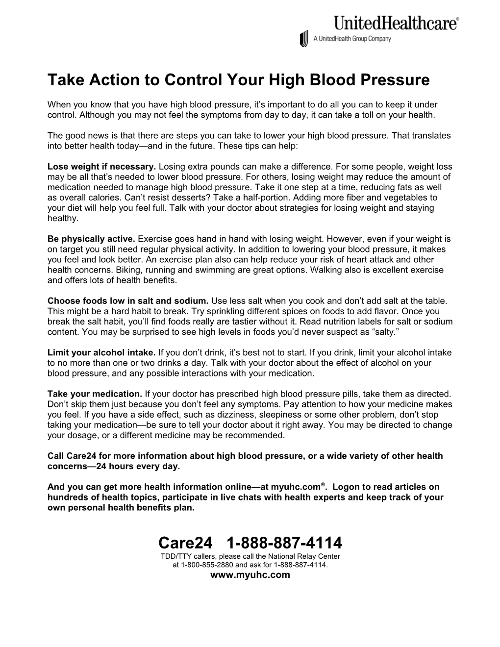 High Blood Pressure; Take Action to Control Your High Blood Pressure