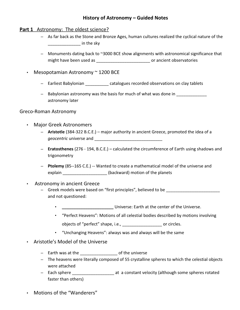 History of Astronomy Guided Notes