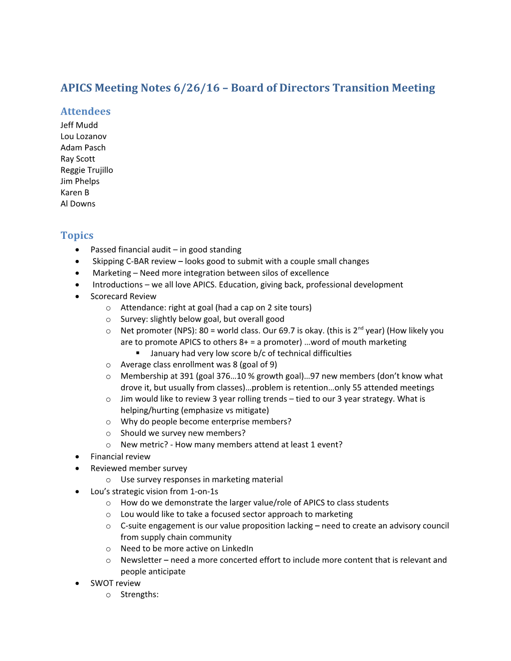 APICS Meeting Notes 6/26/16 Board of Directors Transition Meeting