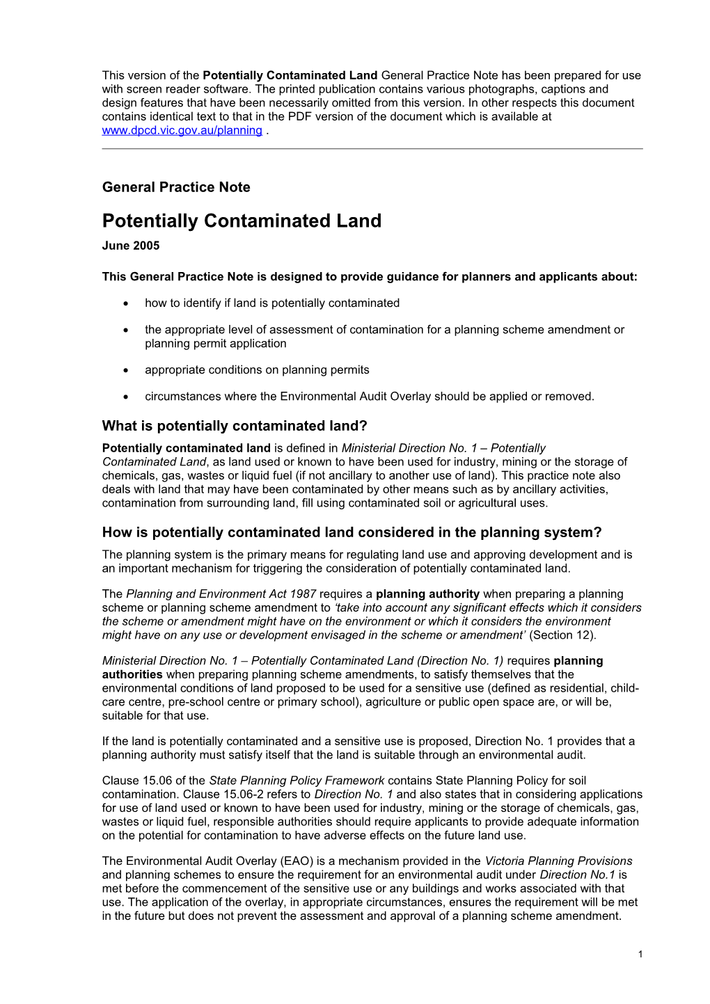 Planning Practice Note 30: Potentially Contaminated Land