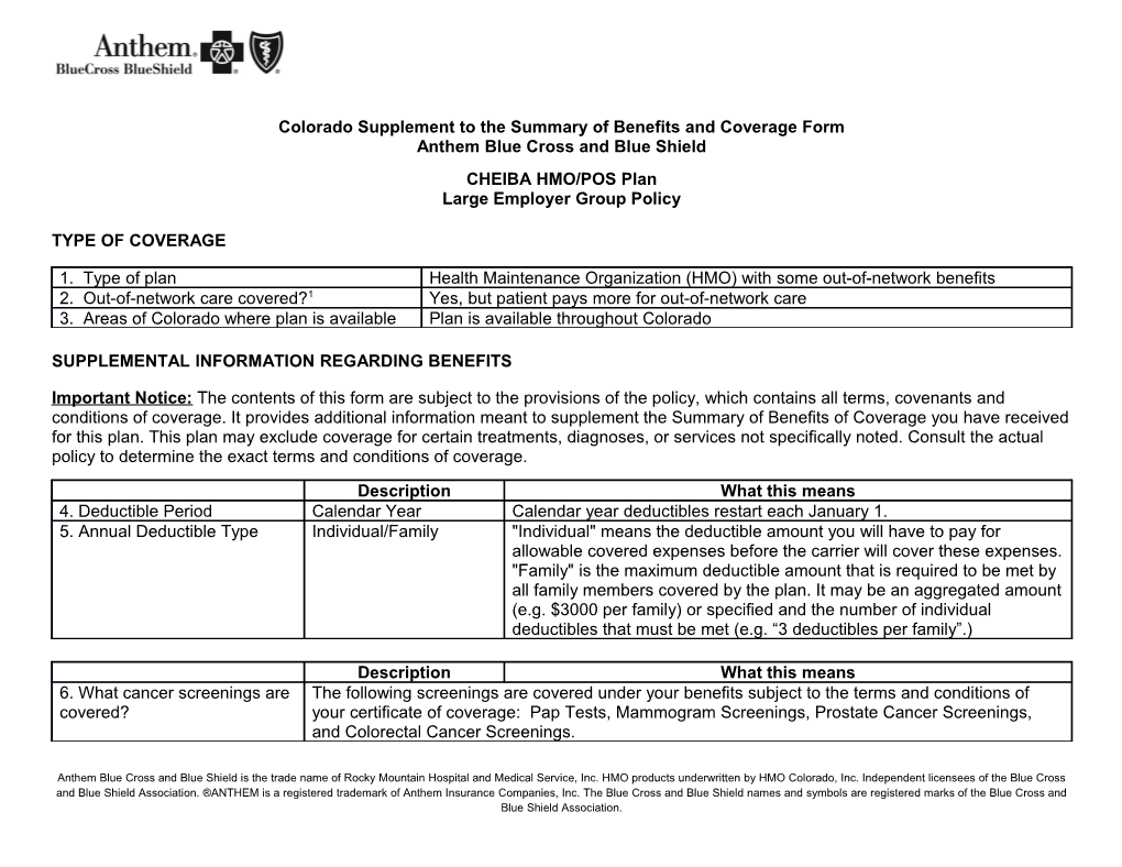 Colorado Supplement to the Summary of Benefits and Coverage Form