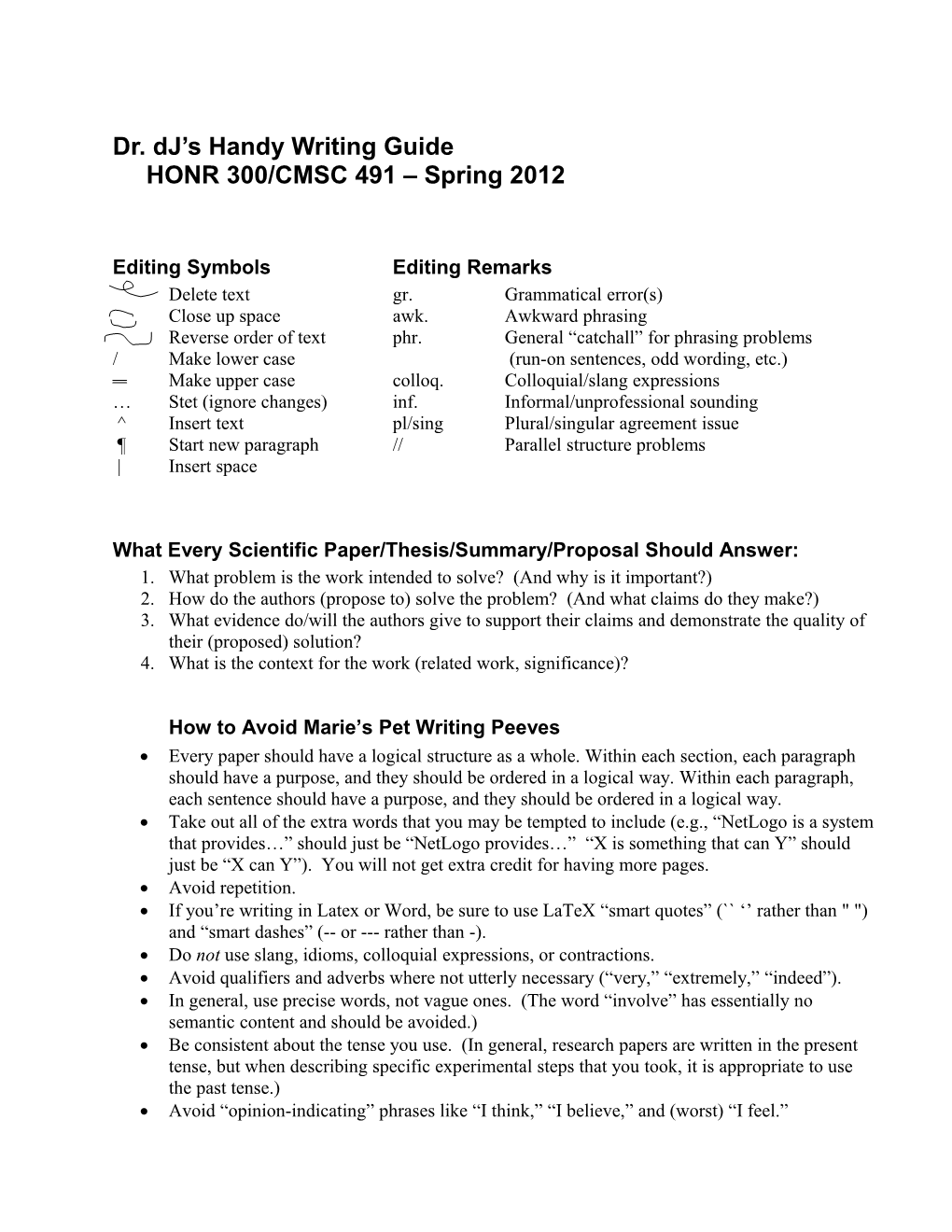Dr. Dj S Handy Writing Guidehonr 300/CMSC 491 Spring 2012
