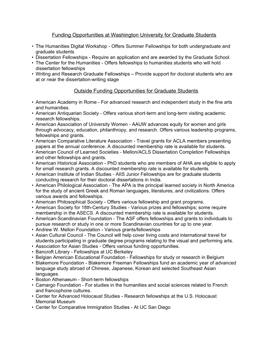 Funding Opportunities at Washington University for Graduate Students
