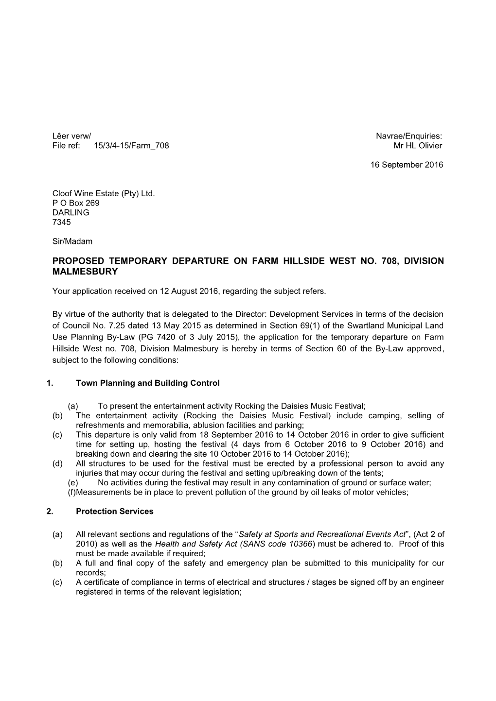 Proposed Temporary Departure on Farm Hillside West No. 708, Division Malmesbury
