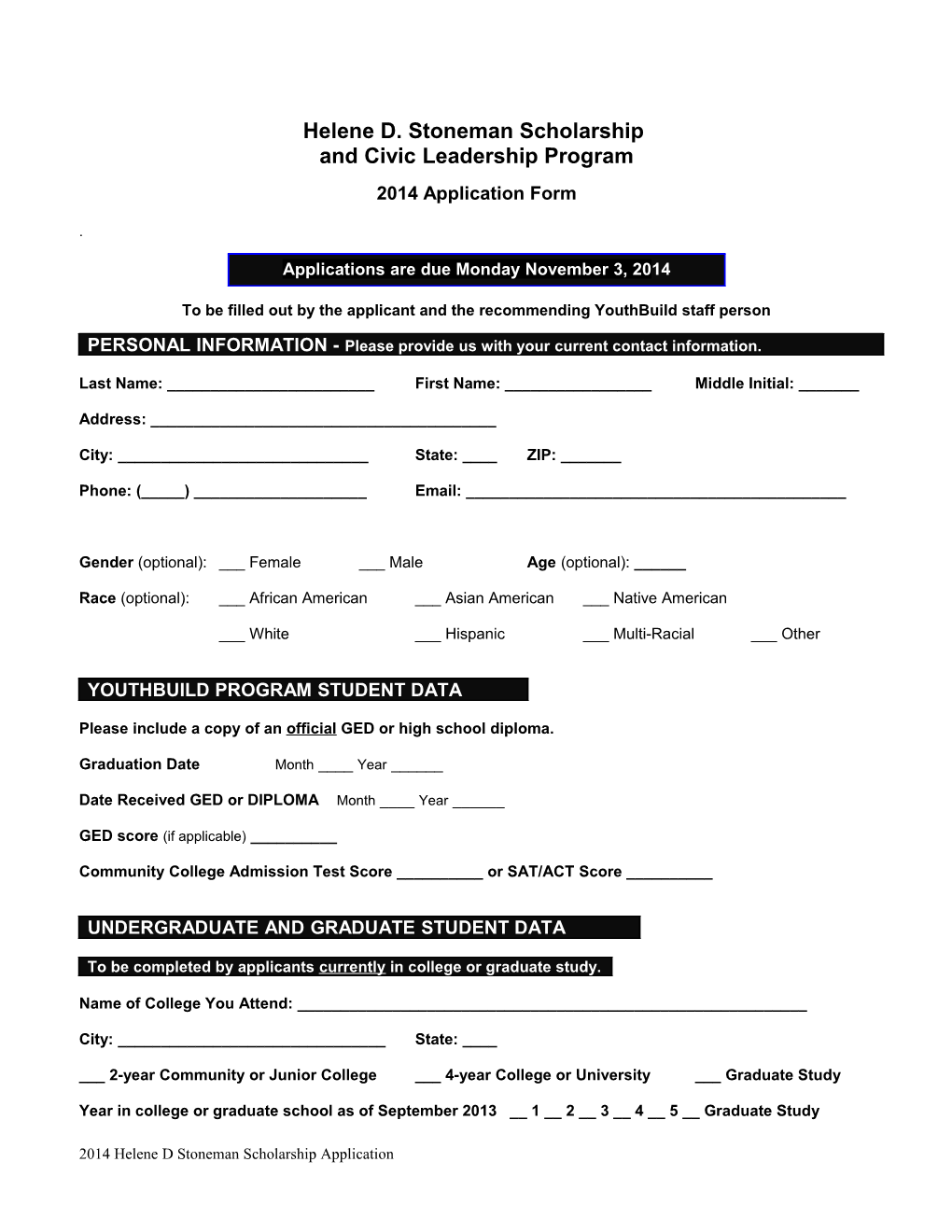 Application for Elinor Shaffer Scholarship for Youthbuild Graduates