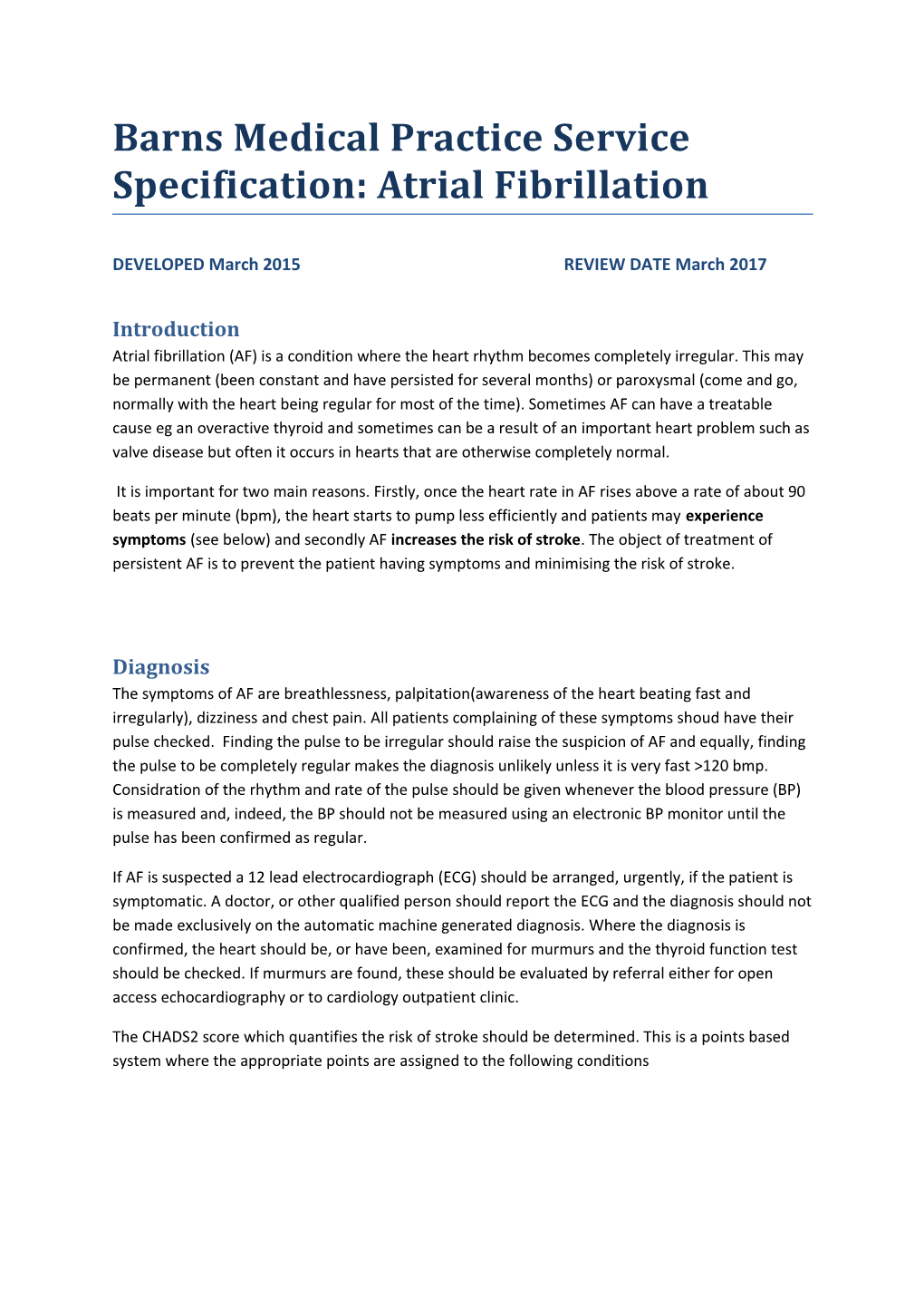 Barns Medical Practice Service Specification: Atrial Fibrillation