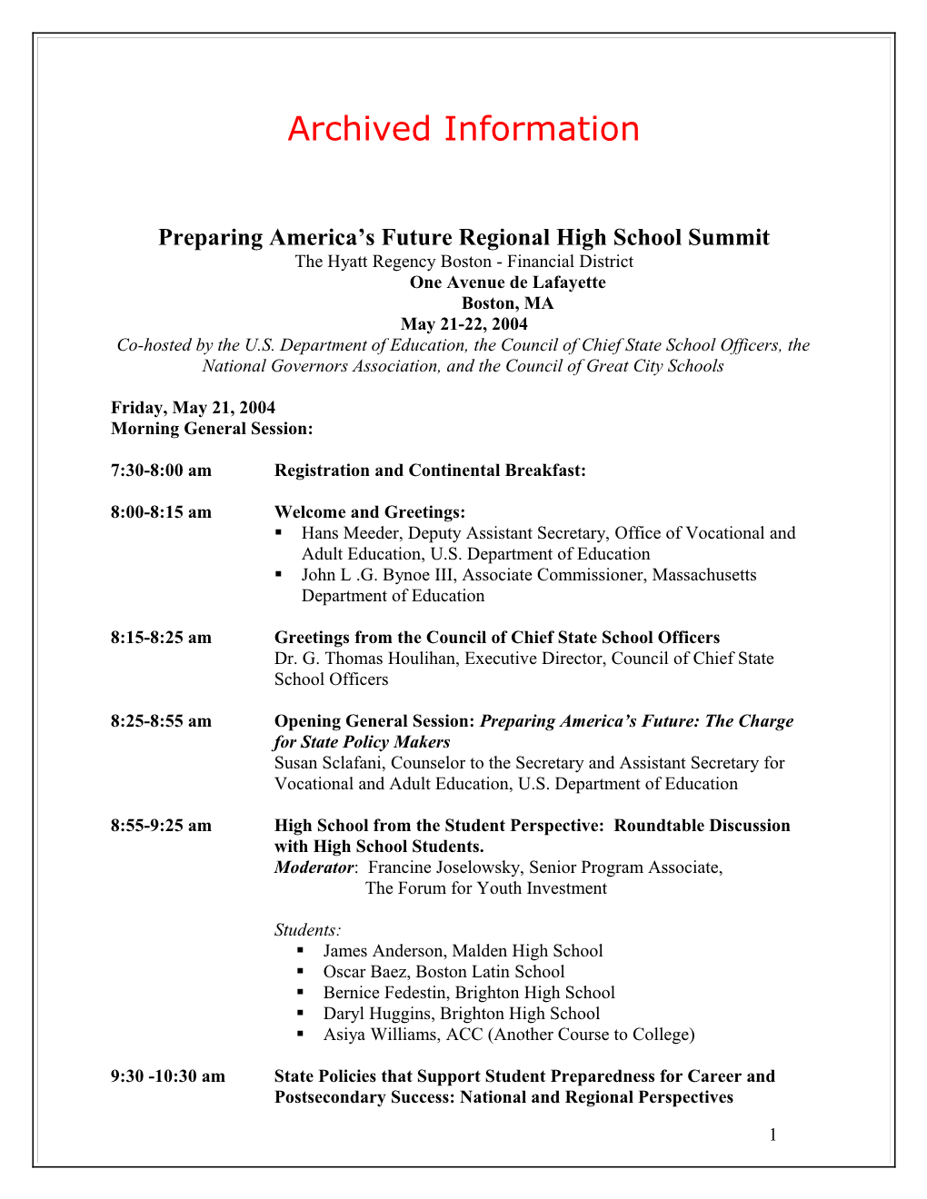Archived: Preparing America's Future Regional High School Summit (MS Word)