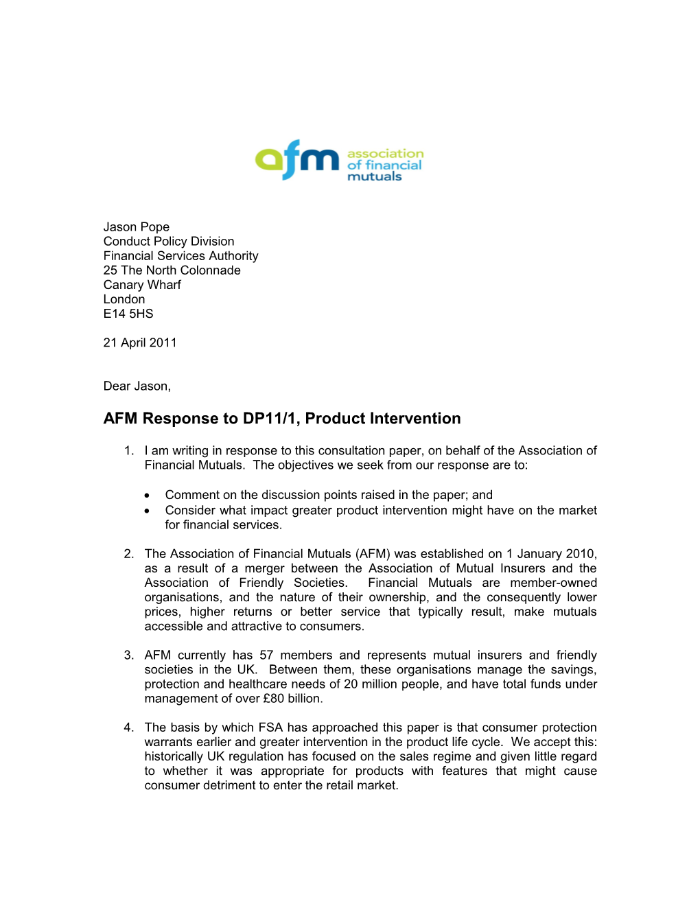 AFM Response Todp11/1, Product Intervention