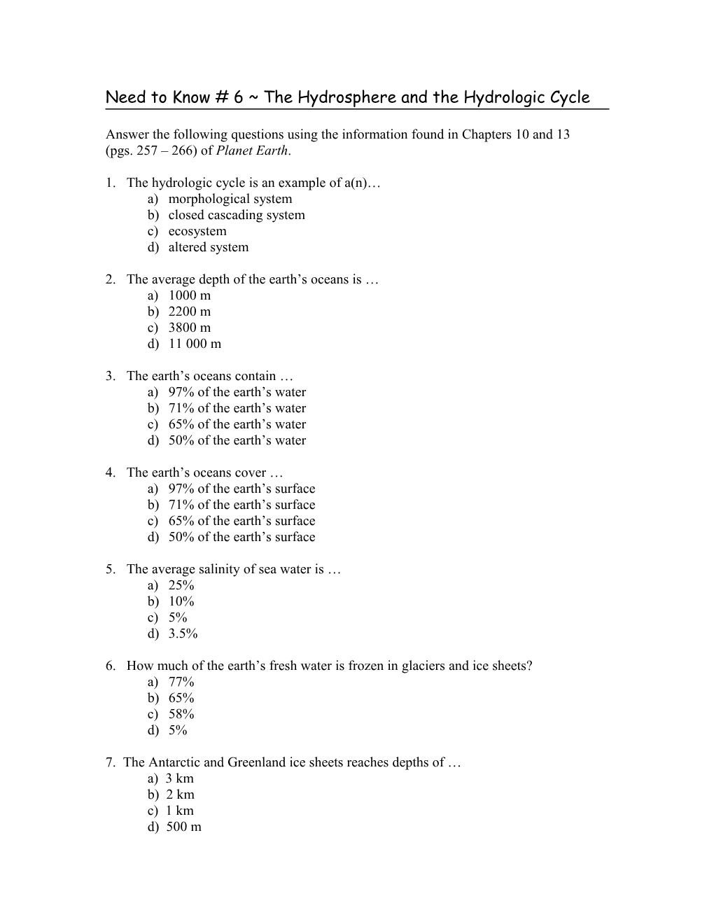 Need to Know # 6 the Hydrosphere and the Hydrologic Cycle