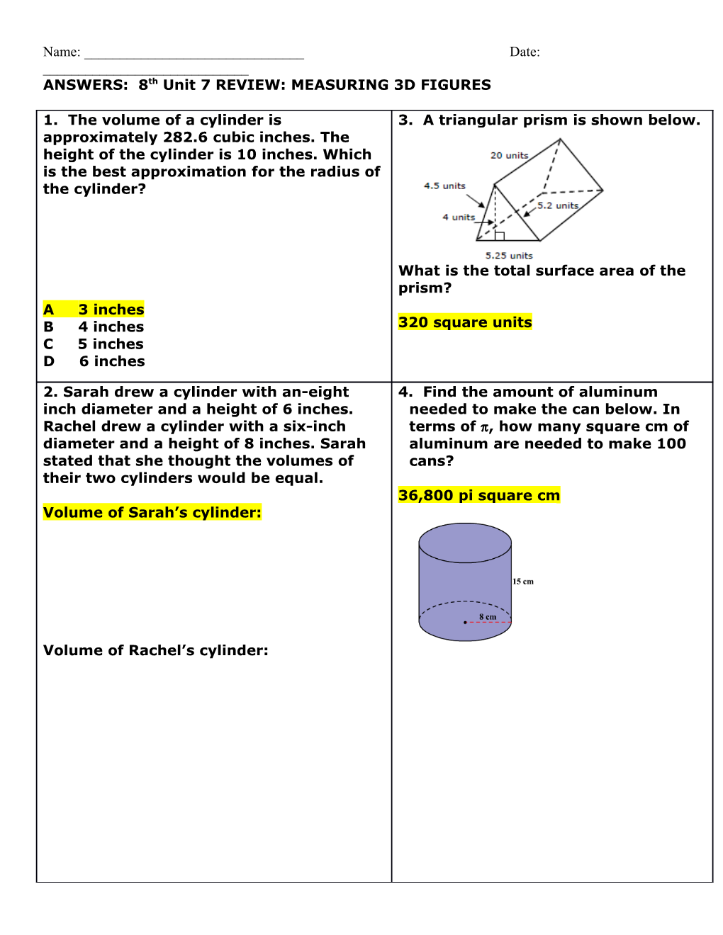 ANSWERS: 8Th Unit 7REVIEW: MEASURING 3D FIGURES