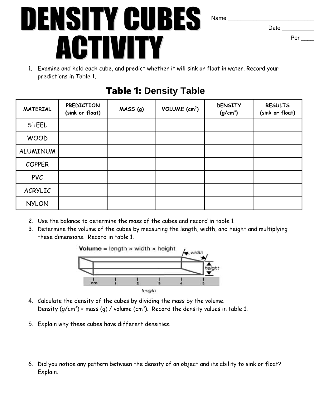 Table 1: Density Table