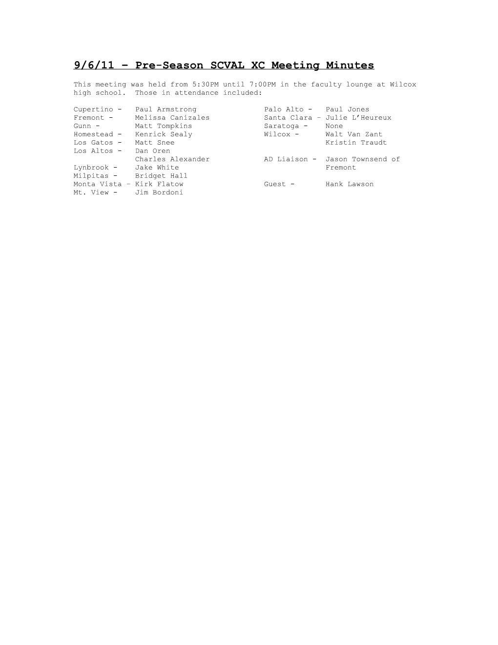 9/6/11 Pre-Season SCVAL XC Meeting Minutes