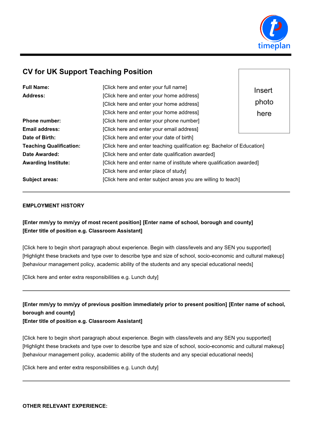 CV for UK Support Teaching Position