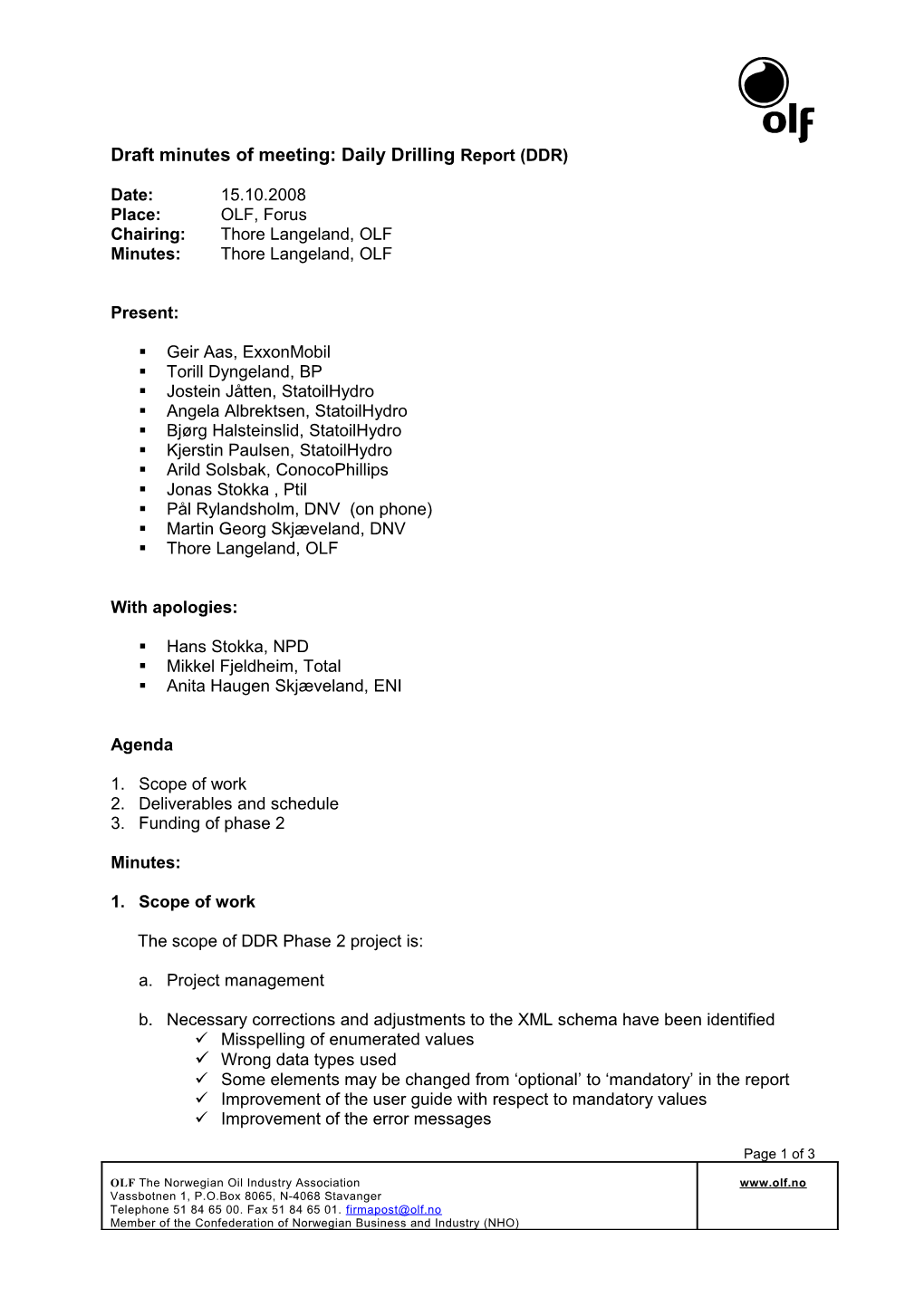 Draft Minutes of Meeting: Daily Drilling Report (DDR)