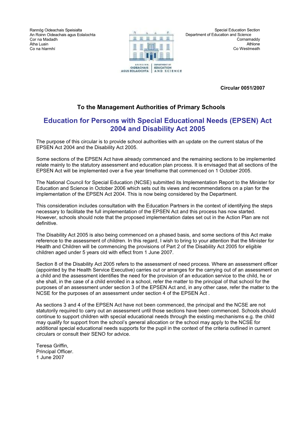 Circular 0051/2007 - Education for Persons with Special Educational Needs (EPSEN) Act 2004