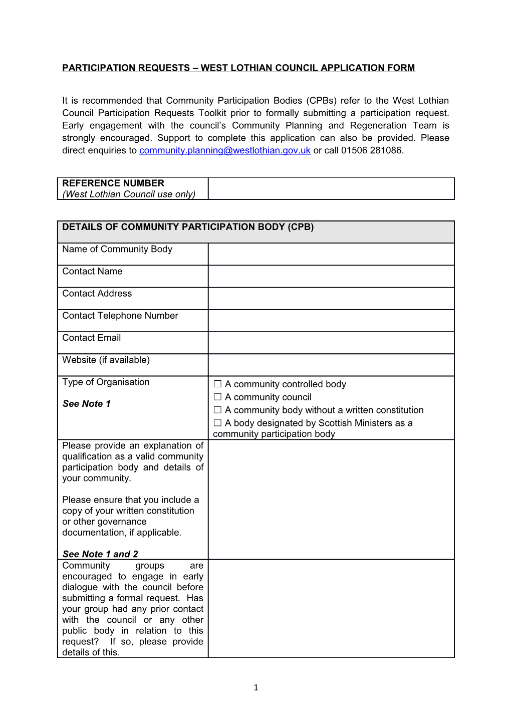 Participation Requests West Lothian Council Application Form