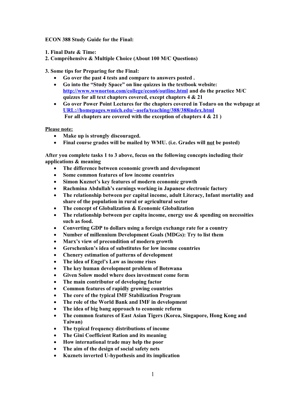 ECON 388 Study Guide: Fall Semester 2006