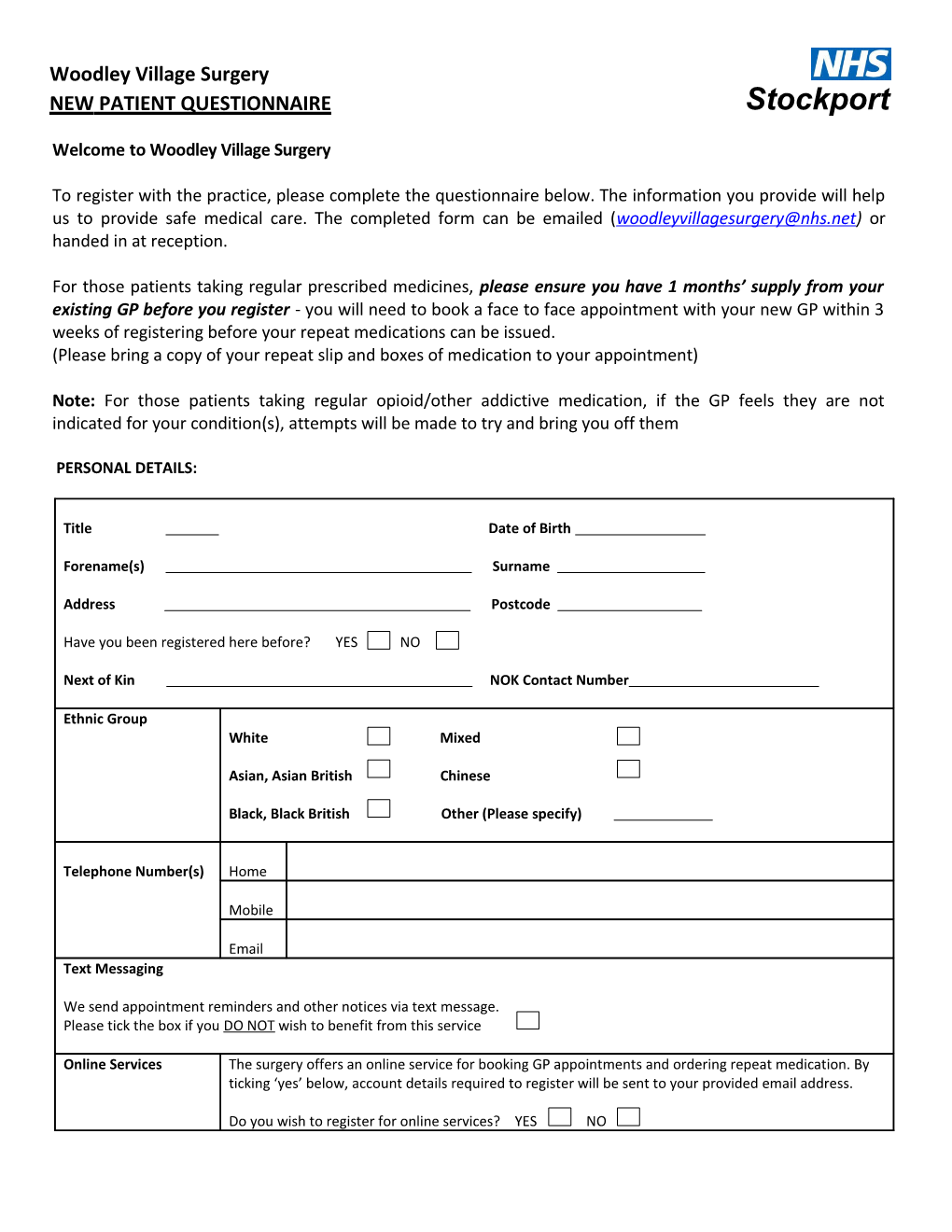 NEW PATIENT QUESTIONNAIRE Stockport