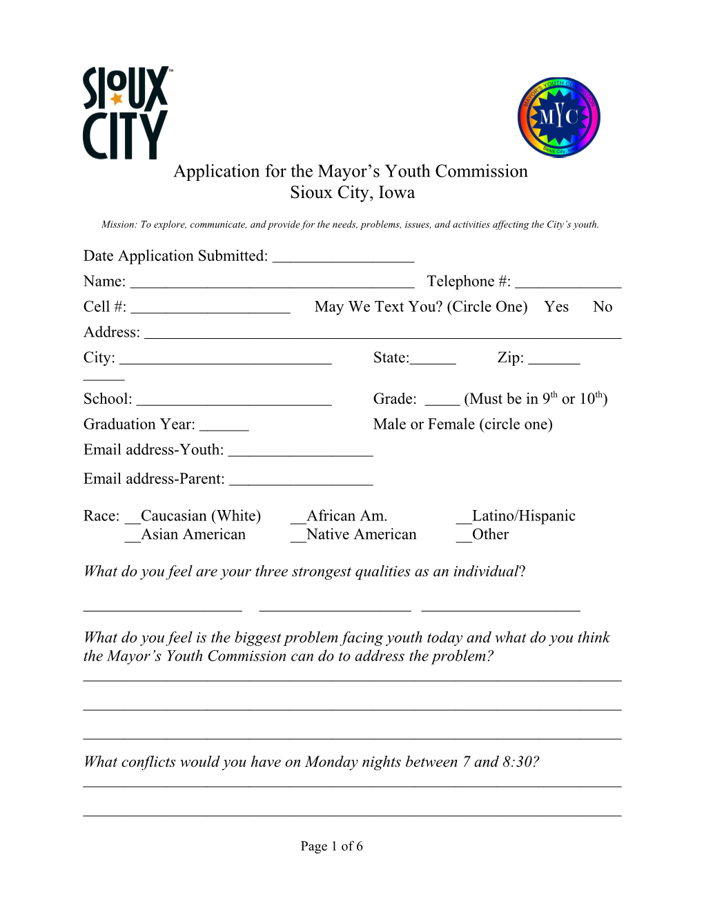 Mayor S Youth Commission Application