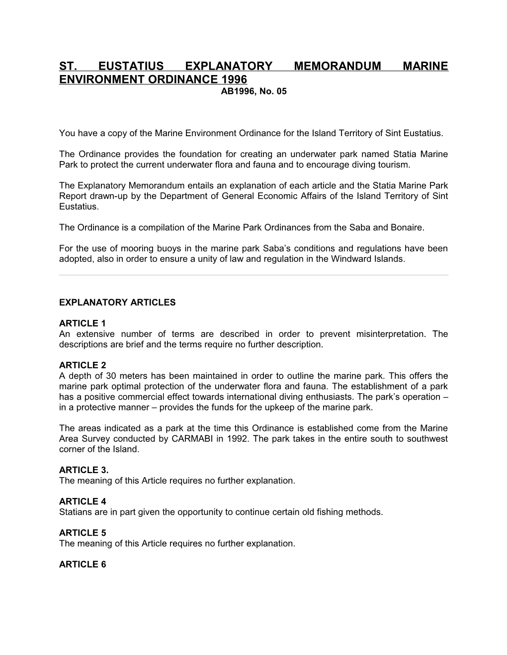 St. Eustatius Explanatory Memorandum Marine Environment Ordinance 1996