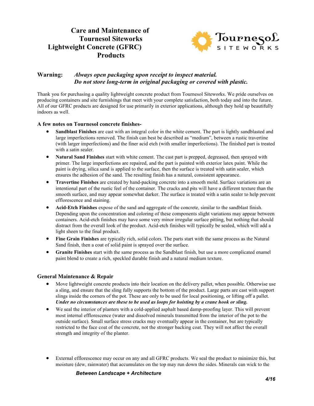 Maintenance and Care of Tournesol Siteworks Fiberglass Products