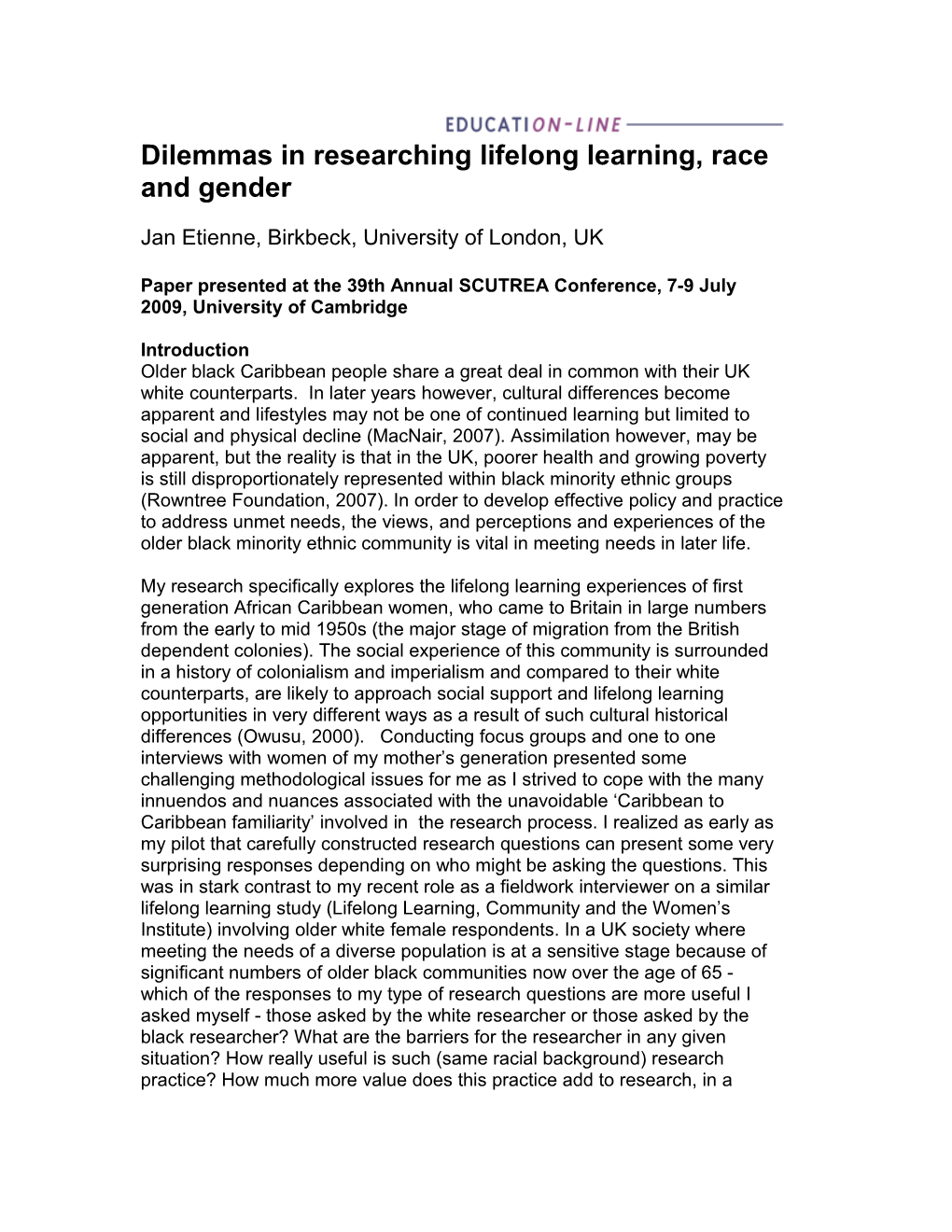 Dilemmas in Researching Lifelong Learning, Race and Gender