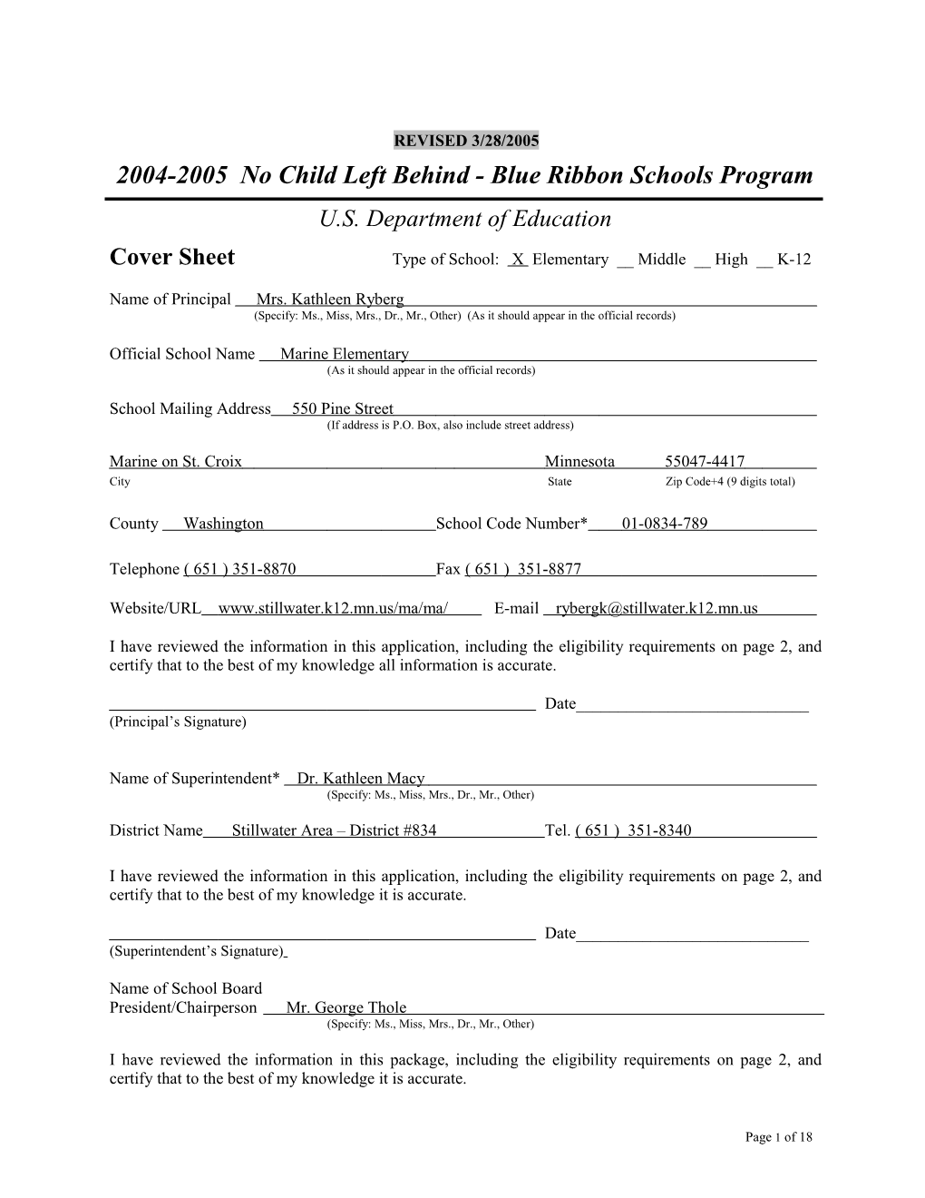 Marine Elementary School Application: 2004-2005, No Child Left Behind - Blue Ribbon Schools