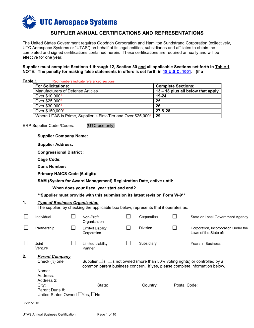 Supplier Annual Certifications and Representations