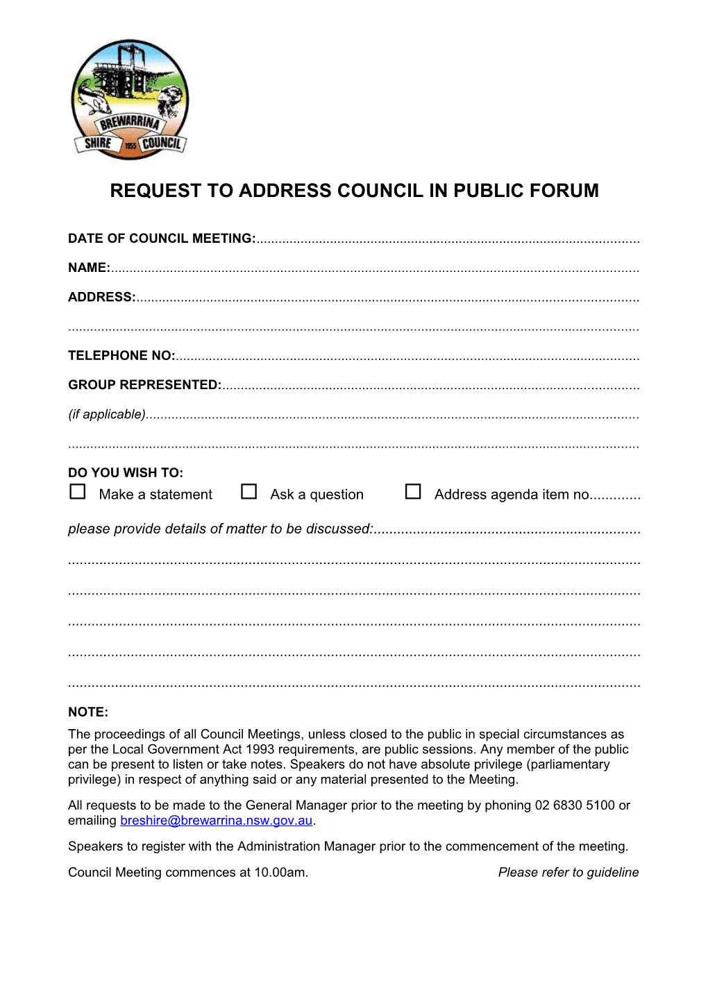 Request to Address Council in Public Forum