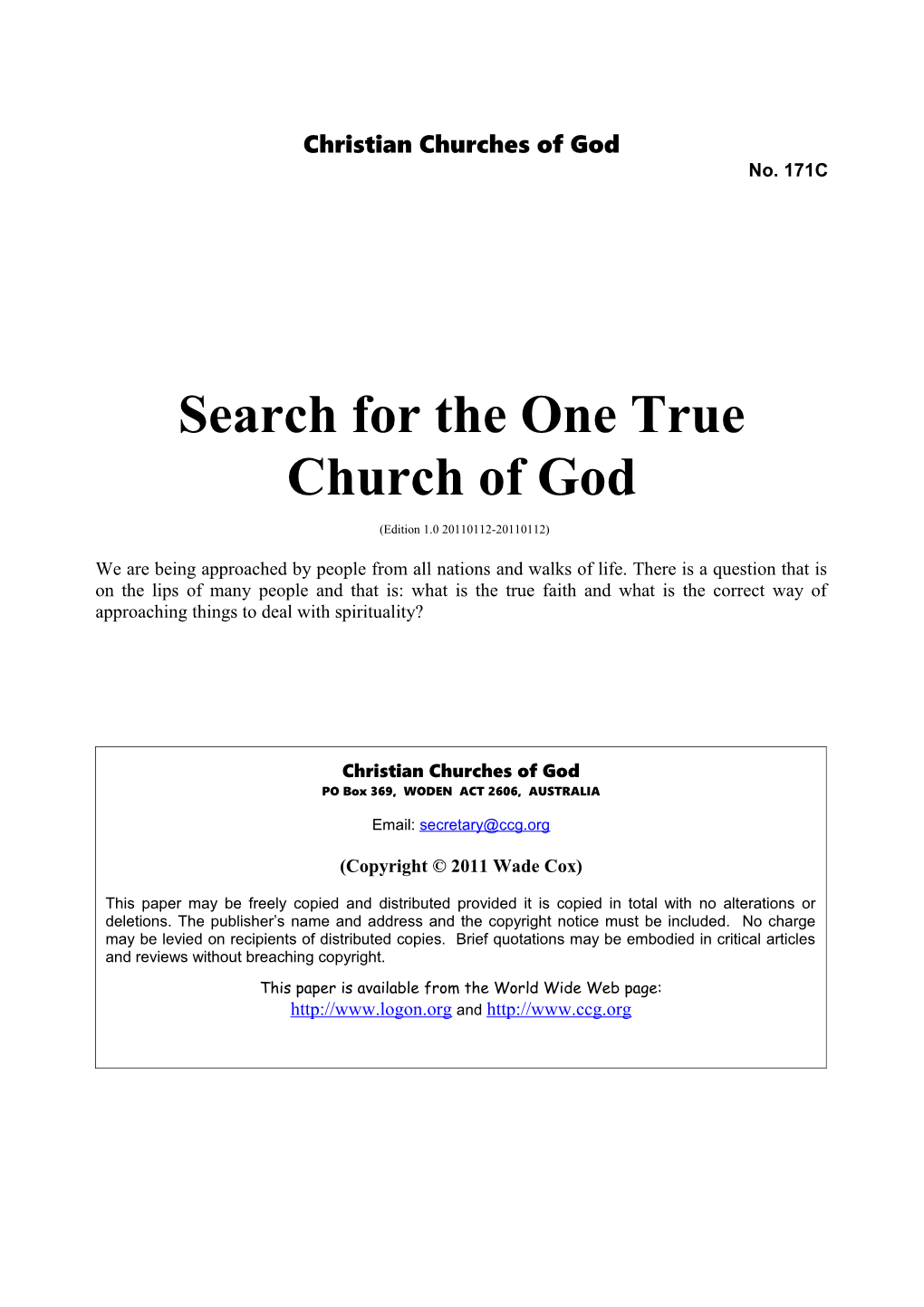 Search for the One True Church of God (No. 171C)