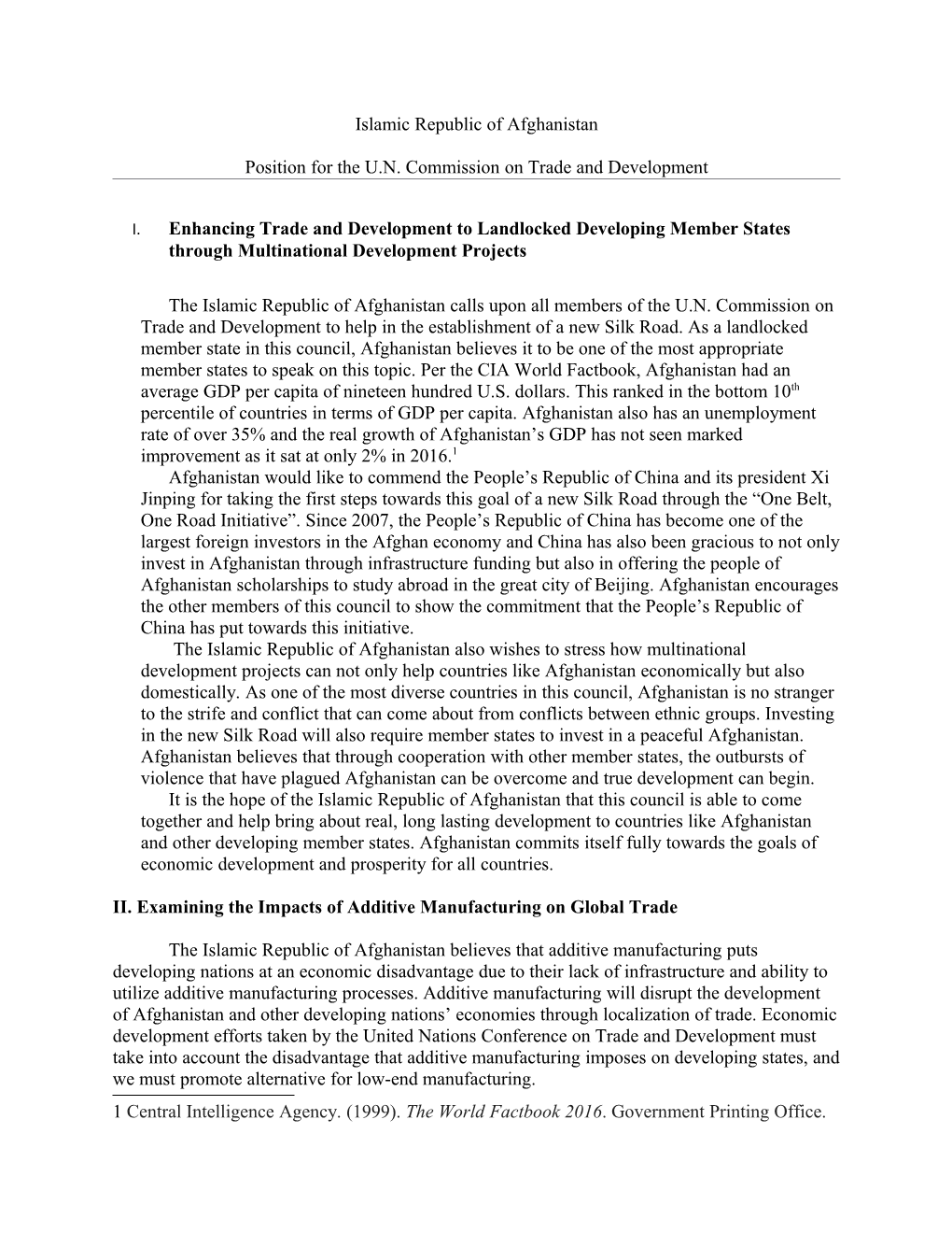 Position for the U.N. Commission on Trade and Development