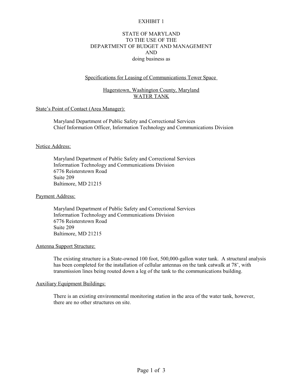 Exhibit 1 - Specifications for Leasing Communications Tower Space for Hagerstown