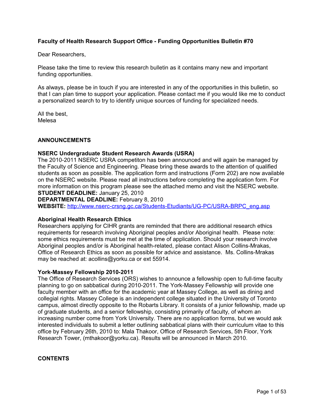 Faculty of Health Research Support Office - Funding Opportunities Bulletin #21