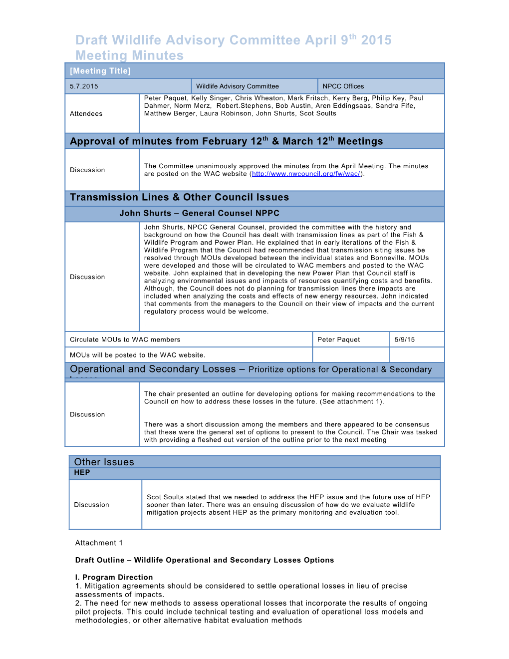 Draft Outline Wildlife Operational and Secondary Losses Options