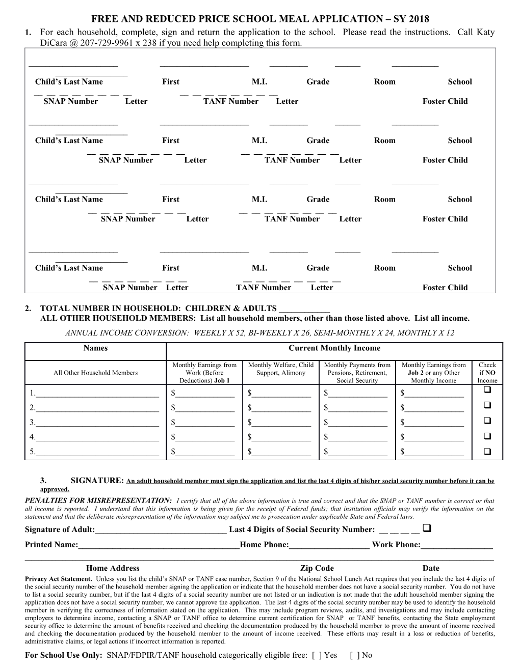 Free and Reduced Price School Meal Application Sy 2018