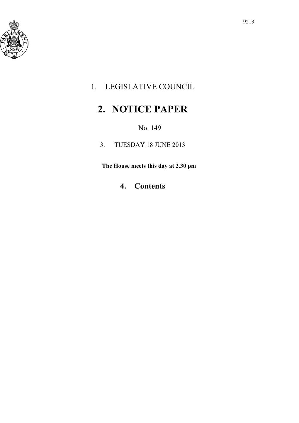 Legislative Council Notice Paper No. 149 Tuesday 18 June 2013