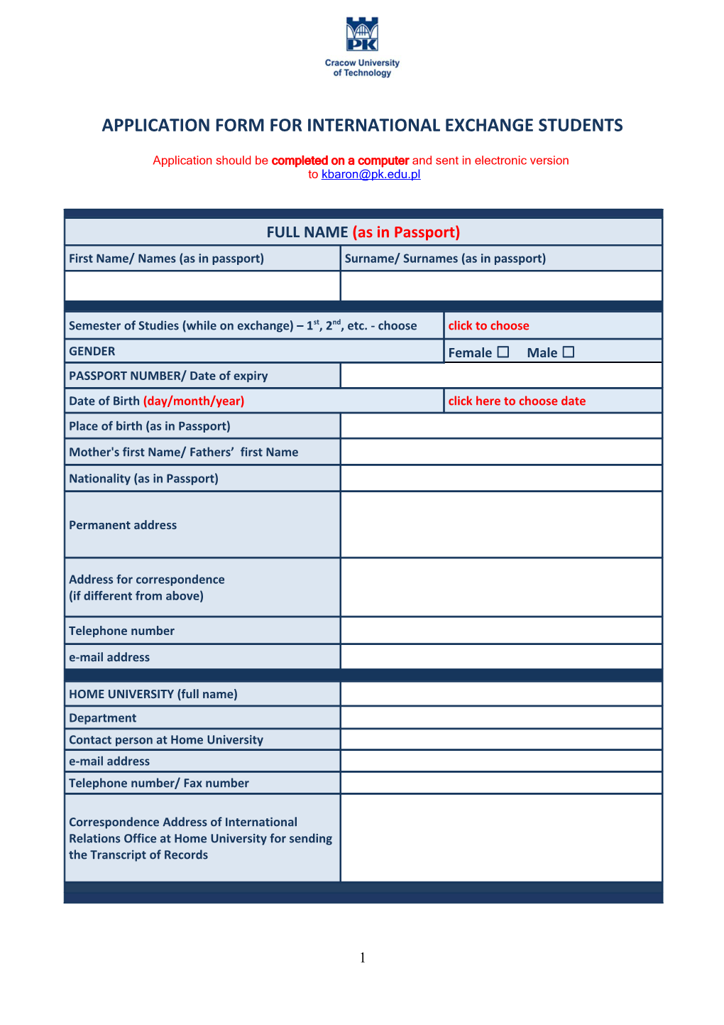 Application Form for International Exchange Students