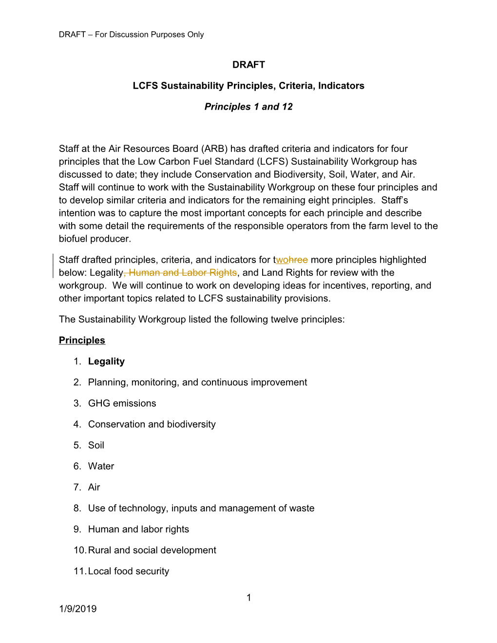 LCFS Sustainability Principles, Criteria, Indicators